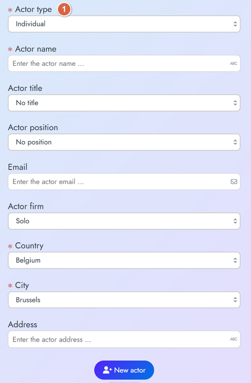 Formulaire de création d'un nouvel acteur